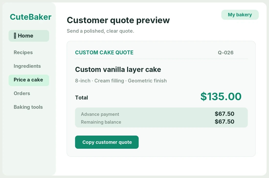 Illustrative desktop preview of a customer cake quote